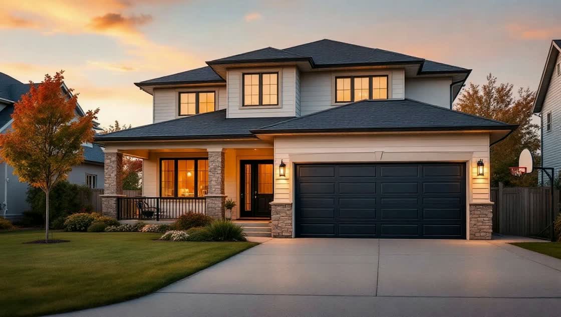 Black sectional garage door in a red-lit opening
