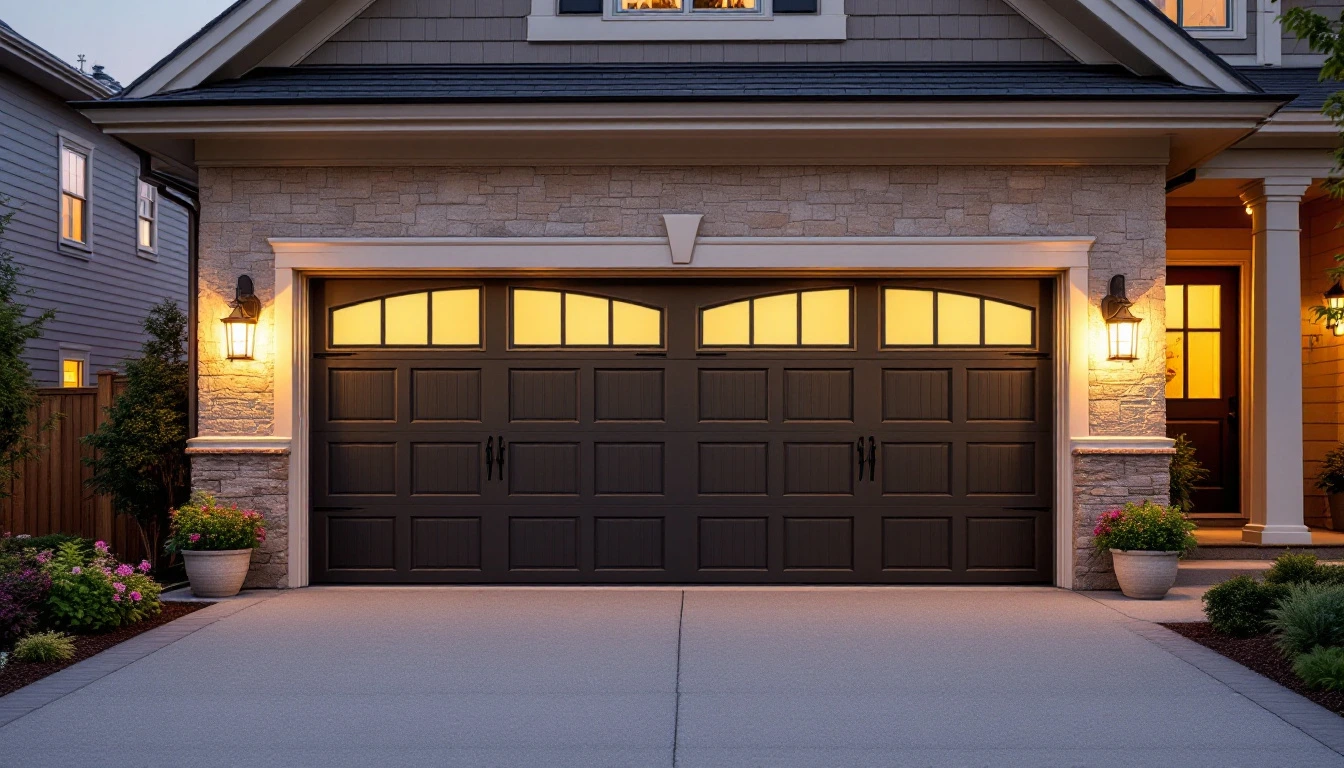 Charcoal garage door with warm glowing windows on a welcoming home at dusk
