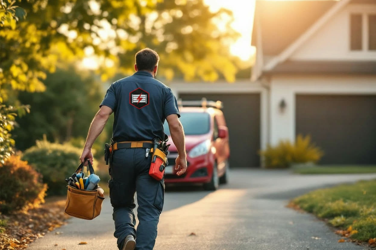 Technician walking up a driveway toward a home, tool bag in hand